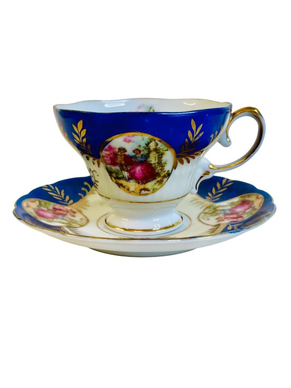 Vintage Cobalt Blue and Gold Teacup Saucer Set Courting Couple Fragonard Style
